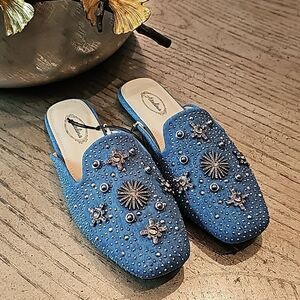 Denim mule flats size 6.5 rhinestone NWT Atalina